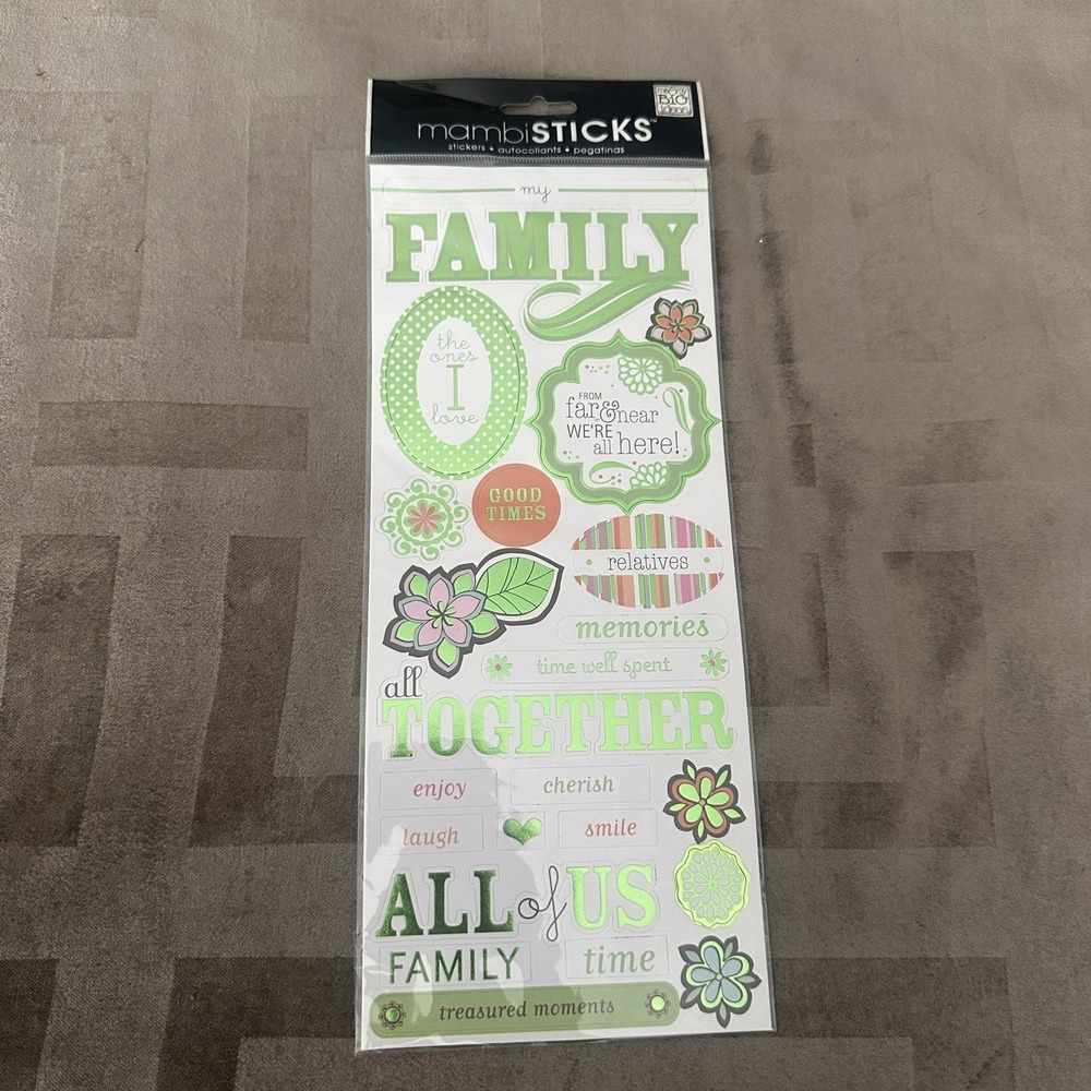 Me & My Big Ideas MambiSTICKS Family Stickers 1 Sheet Green Foil Words Scrapbook